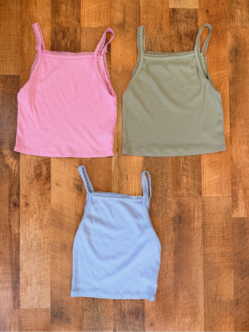 American Eagle Outfitters Lace-Trim Ribbed Cami Trio — Pink, Sage, Light Blue